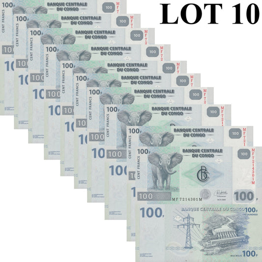 Congo Democratic 100 Francs 2022 P 98 UNC 1/10 Bundle Lot 10 pcs