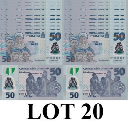 Nigeria 50 Naira 2023 P 40 Polymer UNC 1/5 Bundle Lot 20 pcs