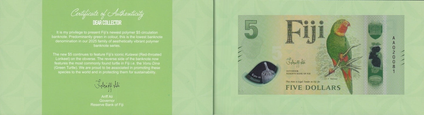 Fiji 5 Dollars 2026 P New Polymer Design UNC AA Prefix With Folder