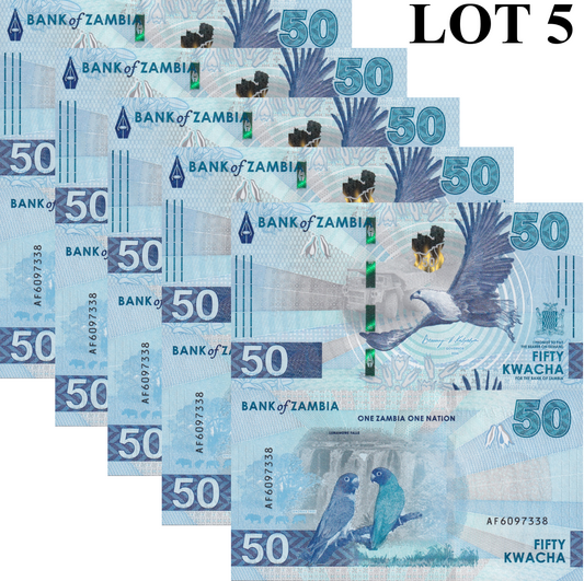 Zambia 50 Kwacha 2024 2025 P New Issue UNC 1/20 Bundle LOT 5 pcs