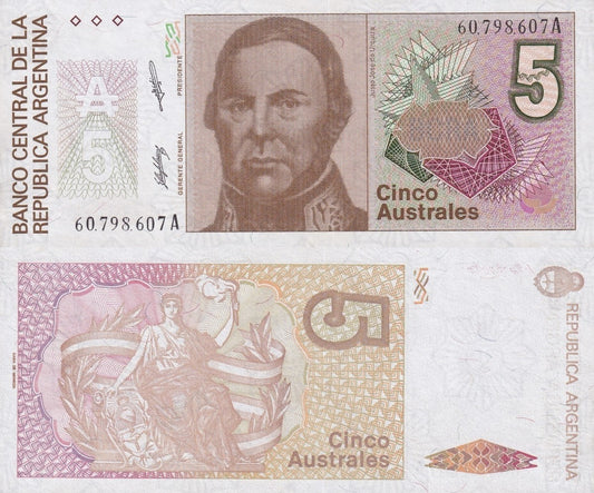 Argentina 5 Australes ND 1985-1989 P 324 UNC MINOR FOXING