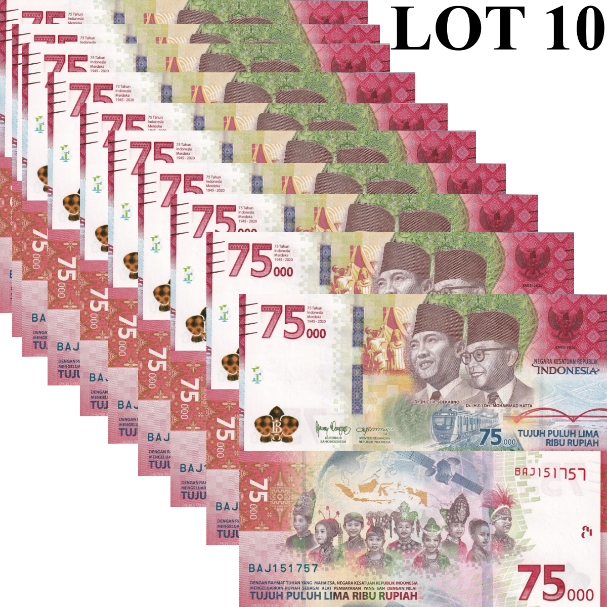 Indonesia 75000 Rupiah 2020 P 161 UNC Commemorative 1/10 Lot 10 pcs
