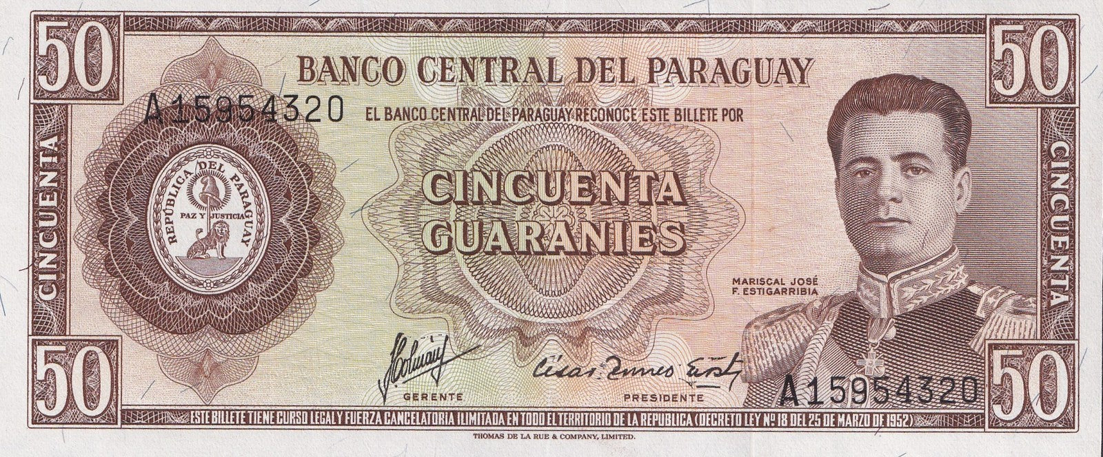 Paraguay 50 Guaraníes 1952 P 197 UNC