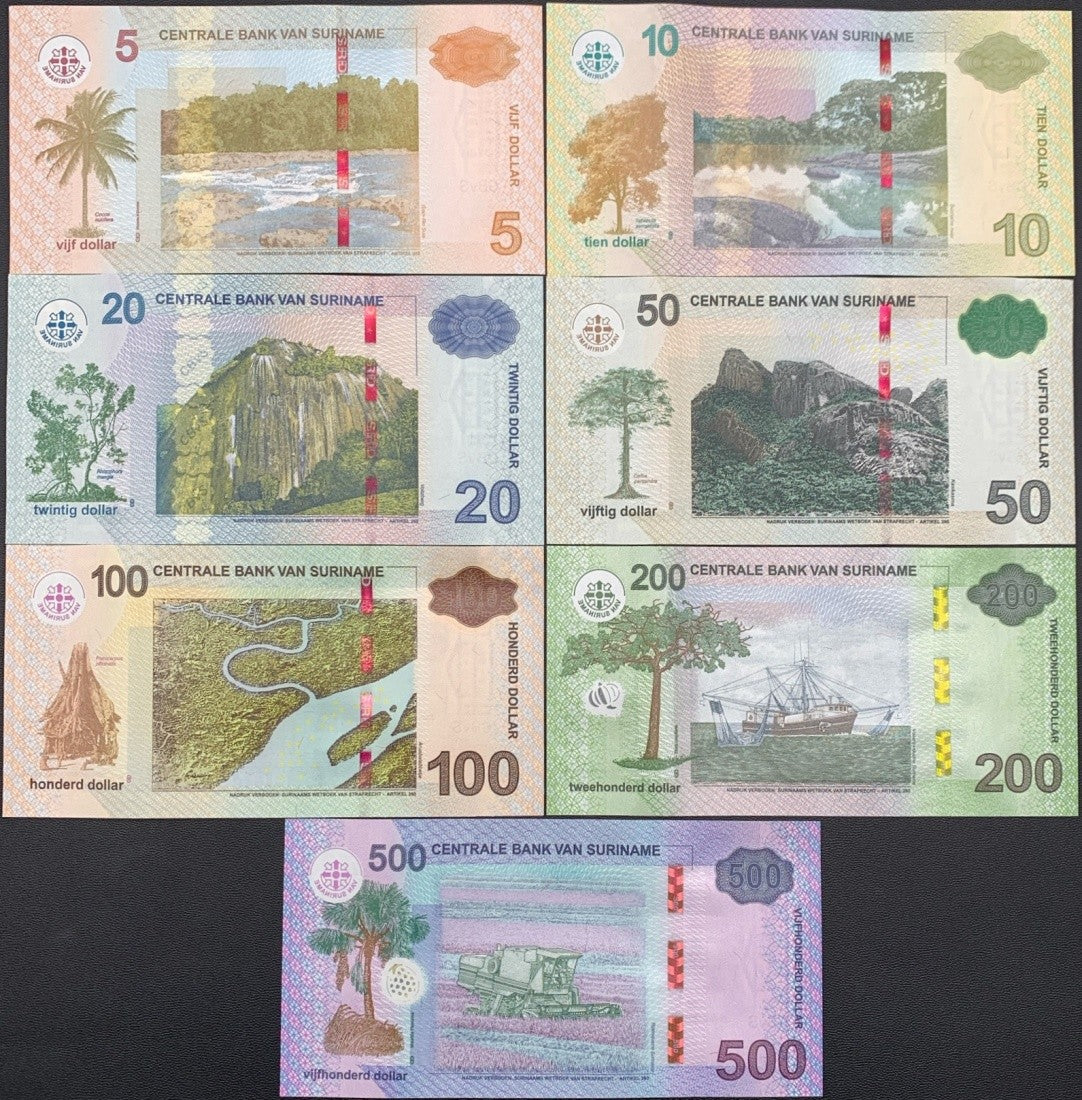 Suriname 5 10 20 50-500 Dollar 2012-2024 P 162b 163-166 166A 166B UNC SET 7 pcs