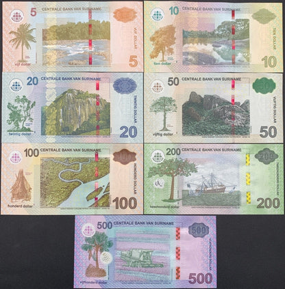 Suriname 5 10 20 50-500 Dollar 2012-2024 P 162b 163-166 166A 166B UNC SET 7 pcs