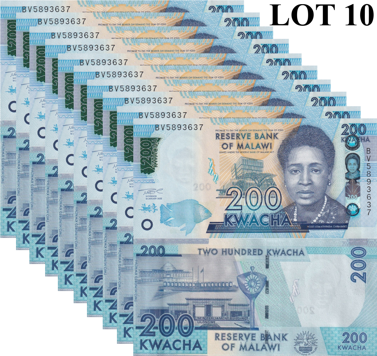 Malawi 200 Kwacha 2022 P 65A UNC 1/10 Bundle Lot 10 pcs