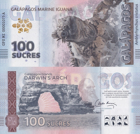 Galapagos Souvenir Note 100 Sucres Galapagos Marine Iguana UNC Test Note