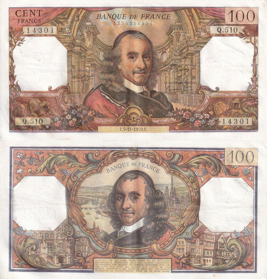 France 100 Francs 1970 P 149c EF Minor Tone W/Hole 