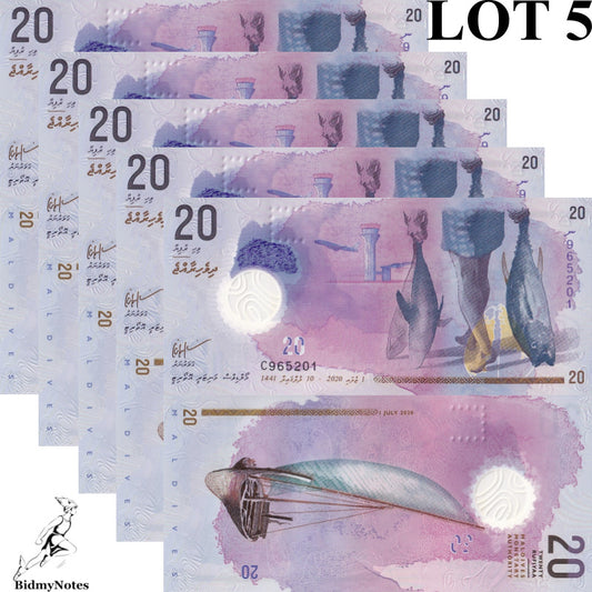 Maldives 20 Rufiyaa 2020 P 27 Polymer UNC 1/20 Bundle LOT 5 pcs