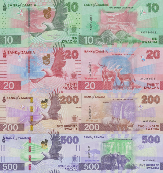 Zambia 10 20 200 500 Kwacha 2024 2025 P New Issue Prefix AA UNC Set 4 pcs