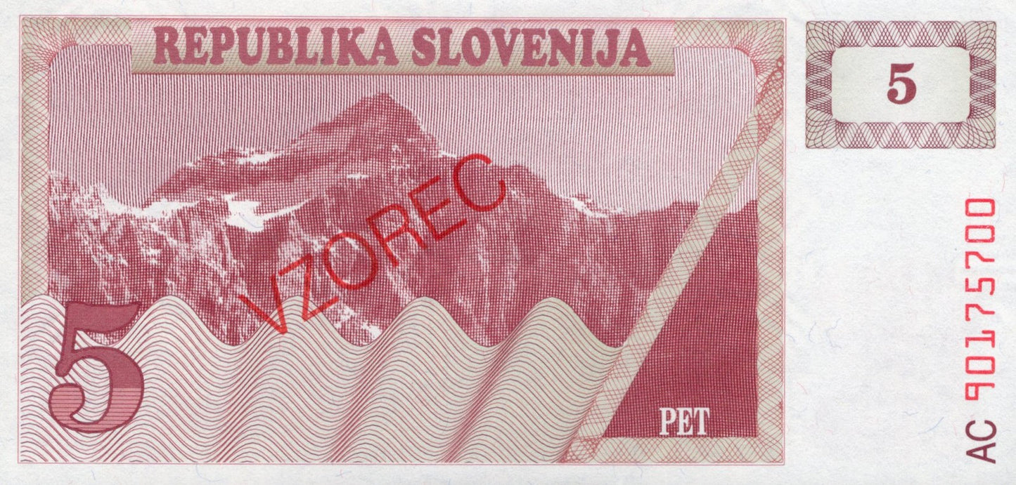 Slovenia 5 Tolarjev 1990 P 3 UNC Specimen