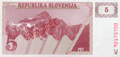 Slovenia 5 Tolarjev 1990 P 3 UNC Specimen