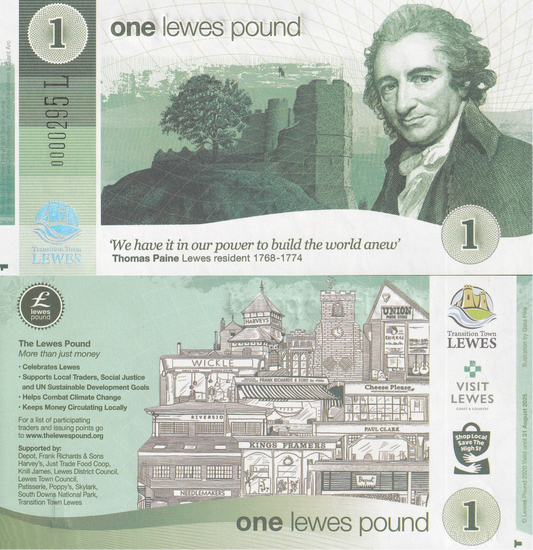 England Transition Town *LEWES* 1 Pound Shop Local UNC LOW S/N 0000XXX