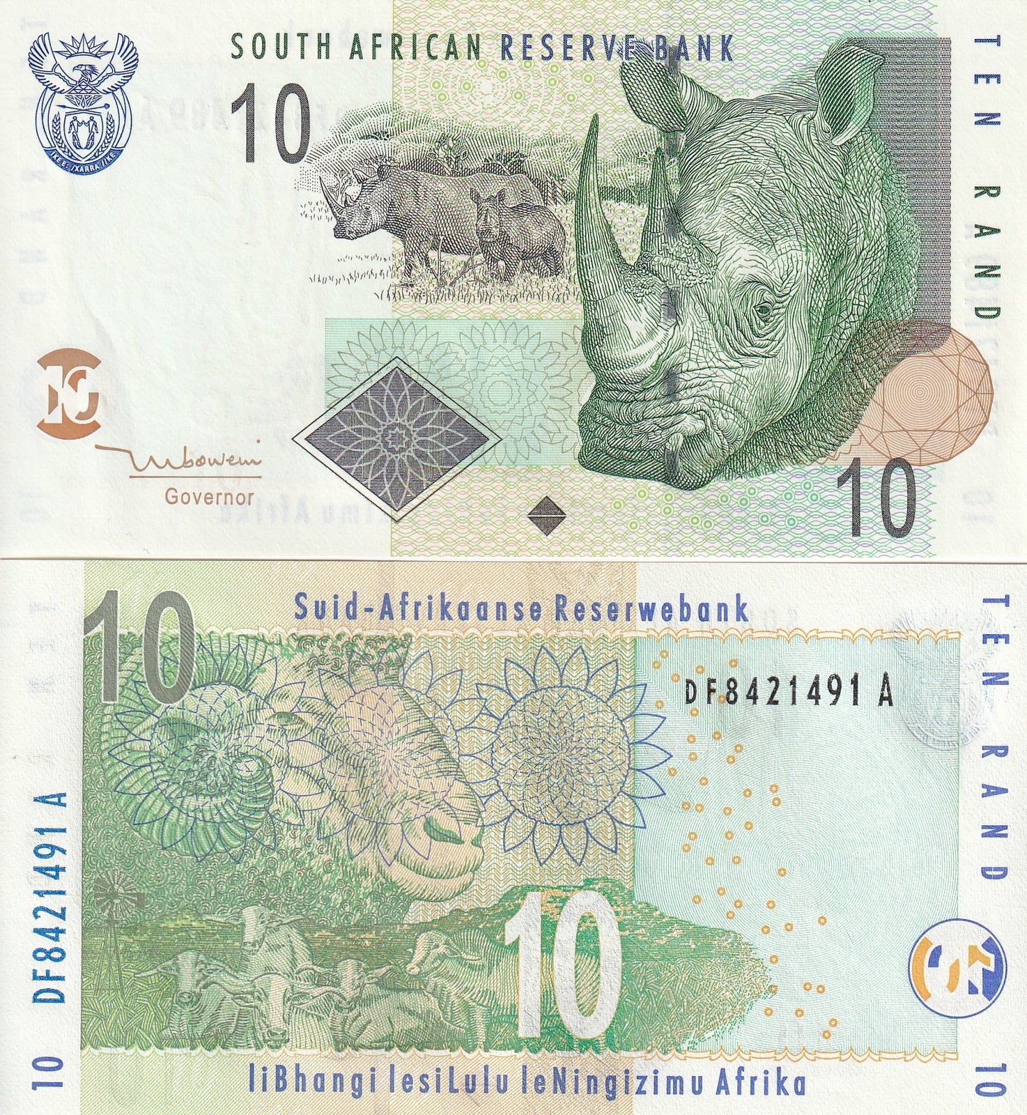 South Africa 10 Rand 2005 P 128 UNC Rhino