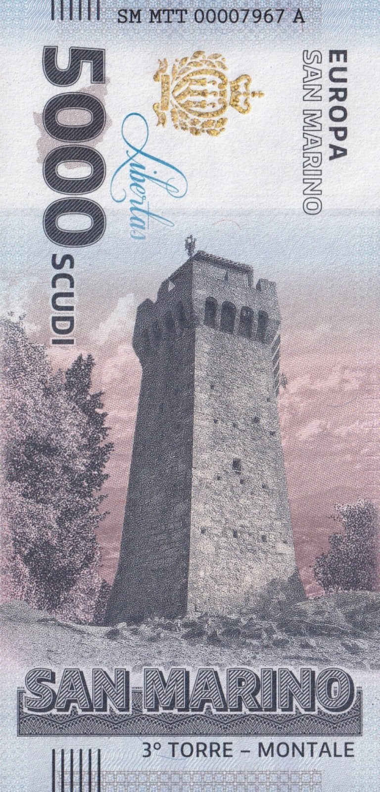 San Marino Republic 5000 Scudi 3 Torre Montale UNC Commemorative Test Note