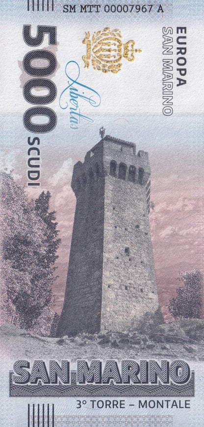 San Marino Republic 5000 Scudi 3 Torre Montale UNC Commemorative Test Note