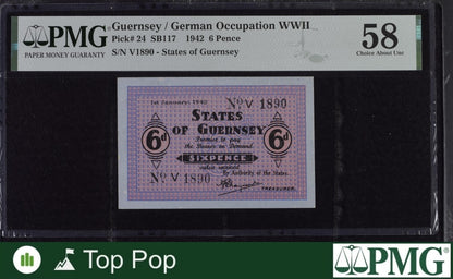 Guernsey German Occupation WWII 6 Pence 1942 P 24 AU PMG 58 TOP POP