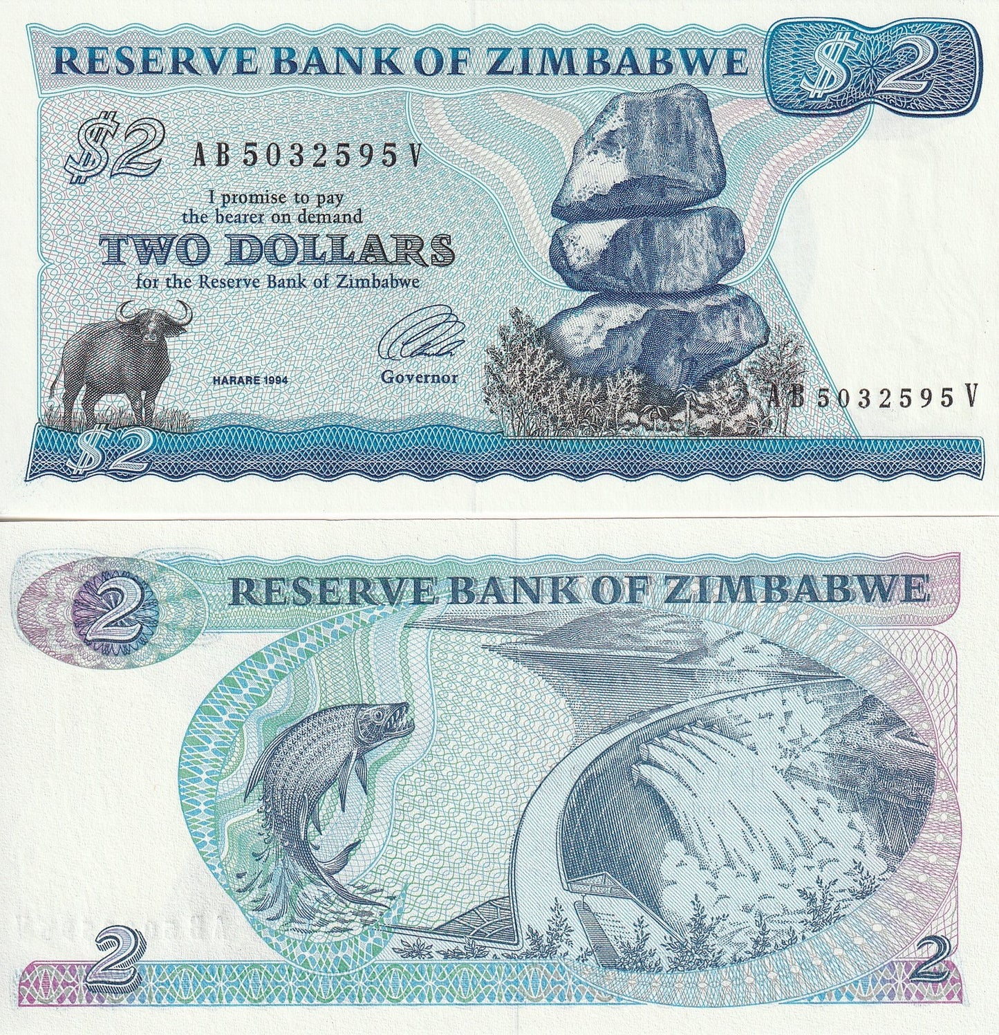Zimbabwe 2 Dollars 1994 P 1d Rare Long Neck Watermark UNC