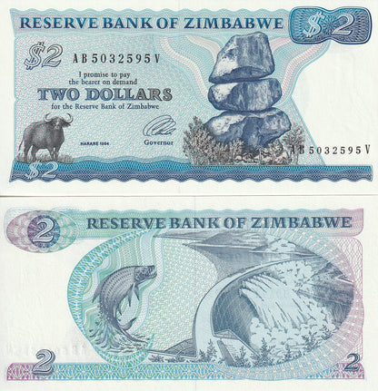 Zimbabwe 2 Dollars 1994 P 1d Rare Long Neck Watermark UNC
