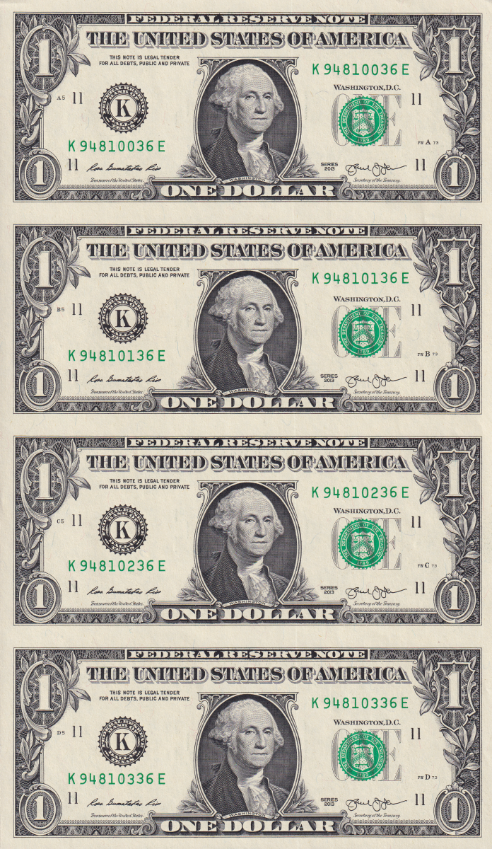 United States USA 1 Dollar 2013 P 537 "K" Dallars TX UNC UNCUT 4 IN 1