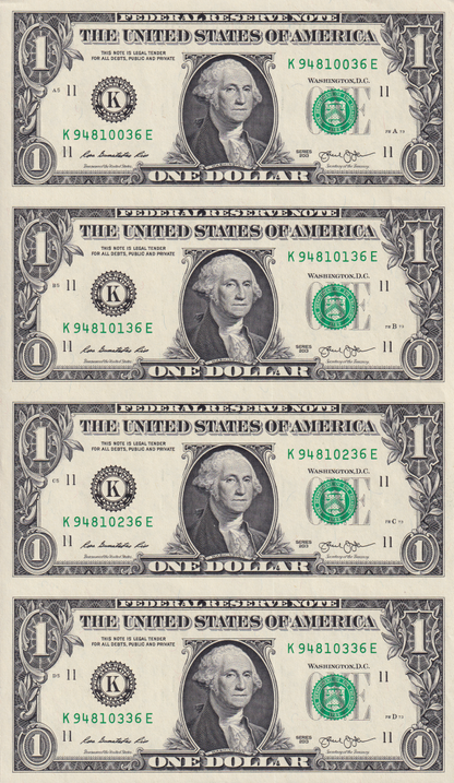 United States USA 1 Dollar 2013 P 537 "K" Dallars TX UNC UNCUT 4 IN 1