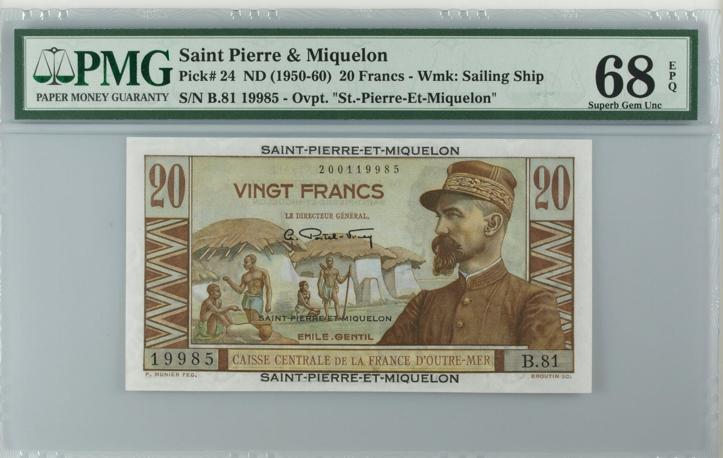 Saint Pierre Miquelon 20 Francs ND (1950-60) P 24 UNC PMG 68 EPQ 2nd TOP POP