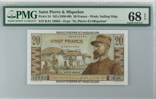 Saint Pierre Miquelon 20 Francs ND (1950-60) P 24 UNC PMG 68 EPQ 2nd TOP POP