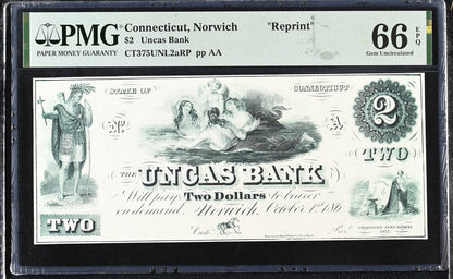 Connecticut Norwich Reprint 1-5$ Obsolete Bank Note UNC PMG 65 66 EPQ Set 3 pcs