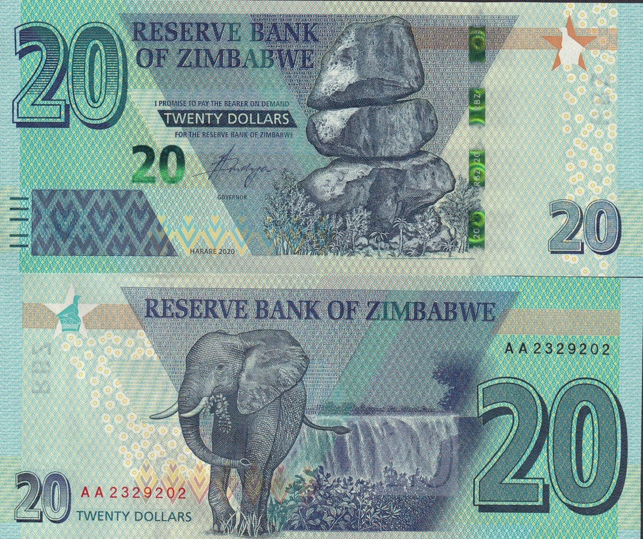 Zimbabwe 20 Dollars 2020 P 104 UNC AA First Prefix 1 Bundle Lot 100 pcs