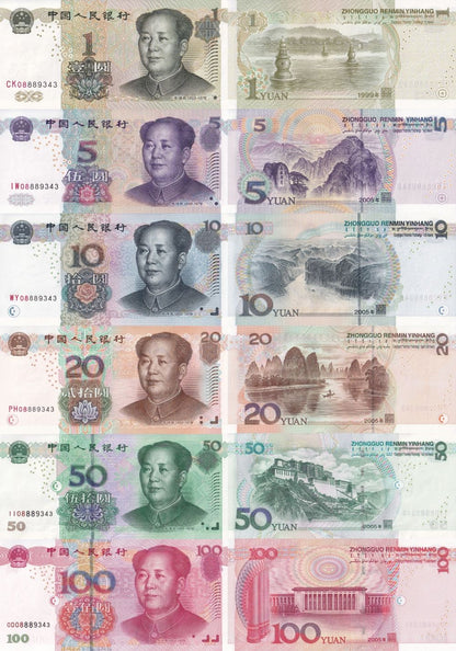 China 1 5 10 20-100 1999 2005 P 895a 903a 904a-907a UNC Set 6 pcs Matching No.