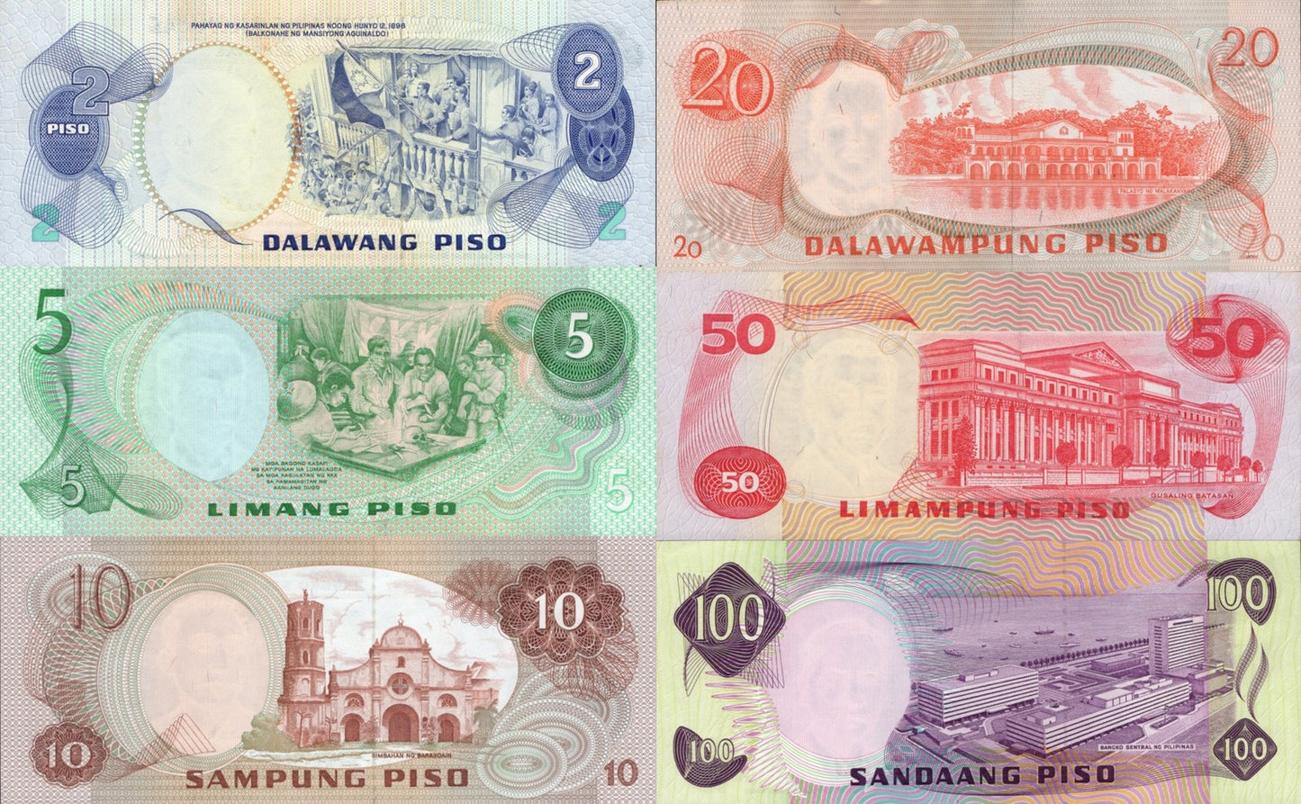 Philippines 2-100 Piso 1970-78 P 152 160d 161 155 163 164 UNC MINOR FOXING Set 6