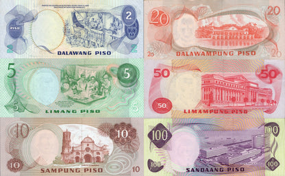 Philippines 2-100 Piso 1970-78 P 152 160d 161 155 163 164 UNC MINOR FOXING Set 6