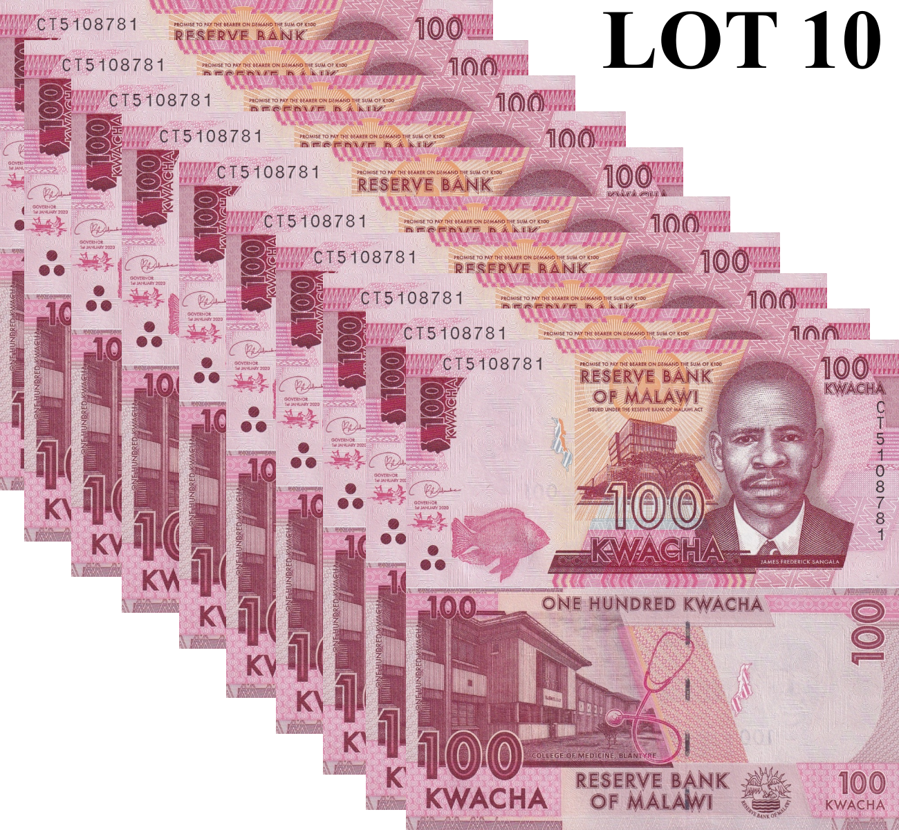 Malawi 100 Kwacha 2020 P 65 UNC 1/10 Bundle Lot 10 pcs