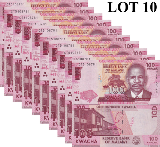 Malawi 100 Kwacha 2020 P 65 UNC 1/10 Bundle Lot 10 pcs