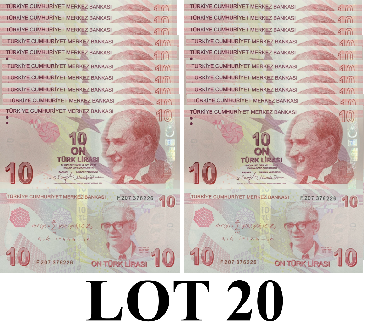 Turkey 10 Turk Lirasi 2009 P 223 Random Sign UNC 1/5 Bundle Lot 20 pcs