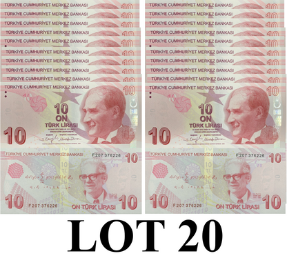Turkey 10 Turk Lirasi 2009 P 223 Random Sign UNC 1/5 Bundle Lot 20 pcs