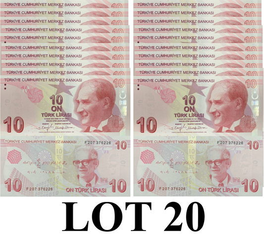 Turkey 10 Turk Lirasi 2009 P 223 Random Sign UNC 1/5 Bundle Lot 20 pcs