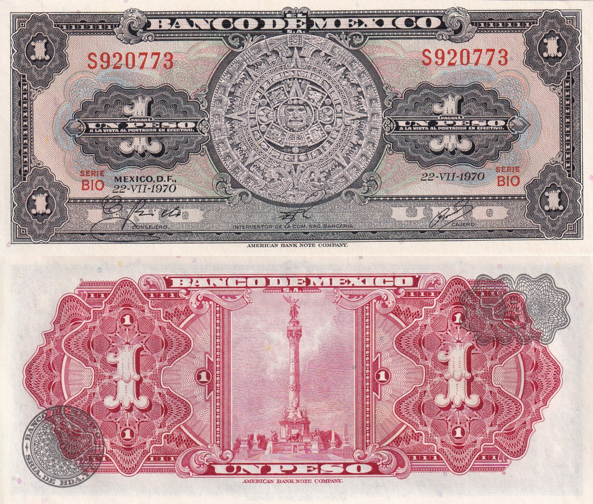 Mexico 1 Peso 1970 P 59l UNC 1/20 Bundle Lot 5 pcs