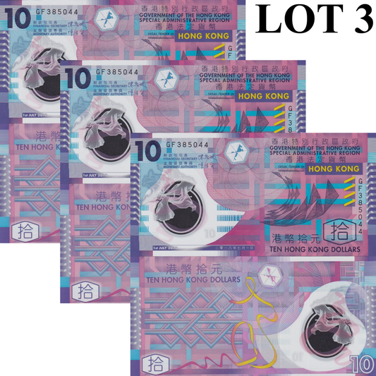 Hong Kong 10 Dollars 2018 P 401 Polymer UNC GOV Lot 3 pcs