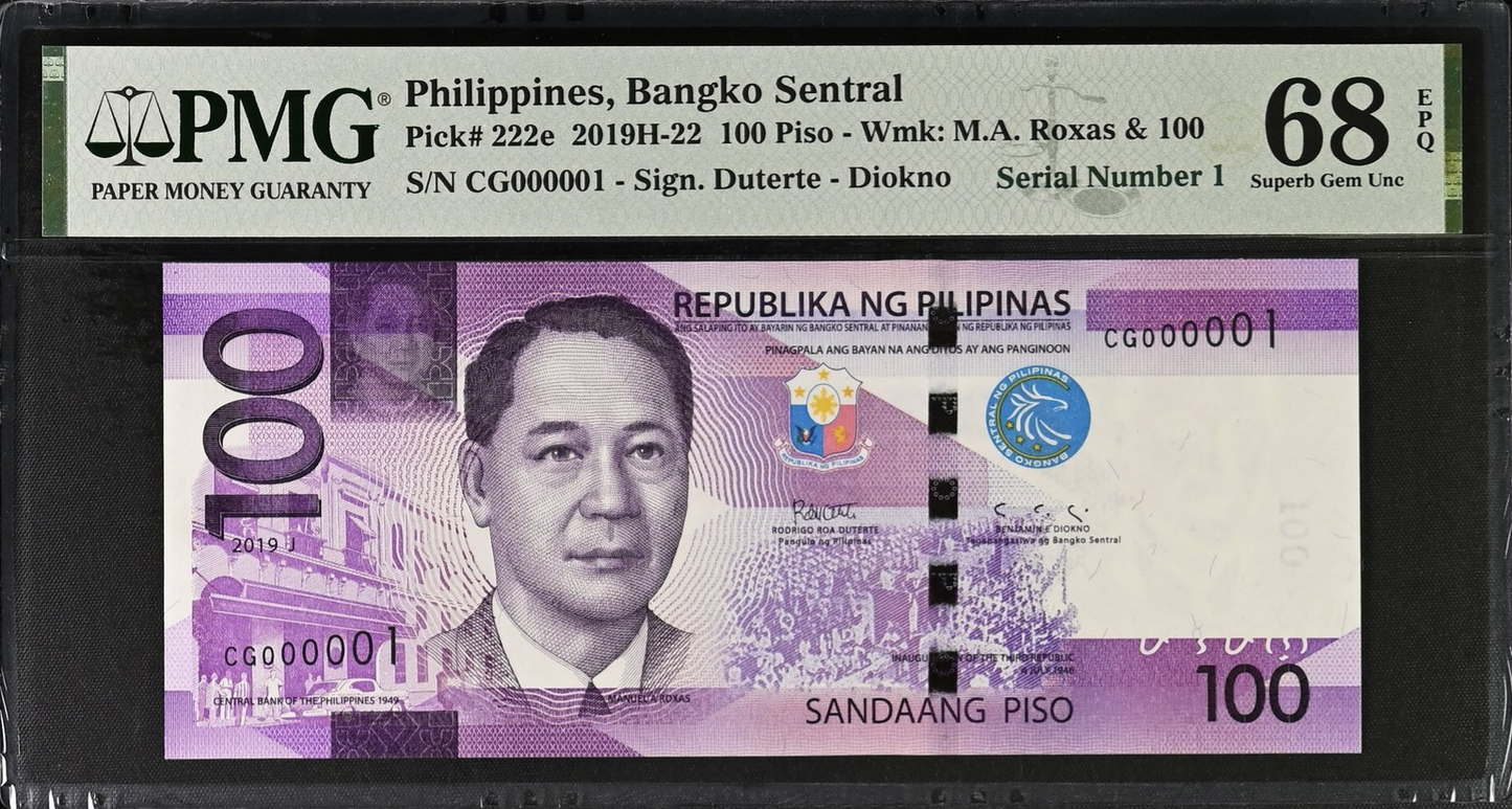Philippines 100 Piso 2019 P 222e UNC PMG 68 EPQ LOW S/N 000001 2nd TOP POP