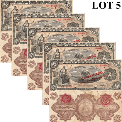 Mexico 1 Peso 1914 P S701b Circulated SERIE A 1/20 Bundle Lot 5 pcs