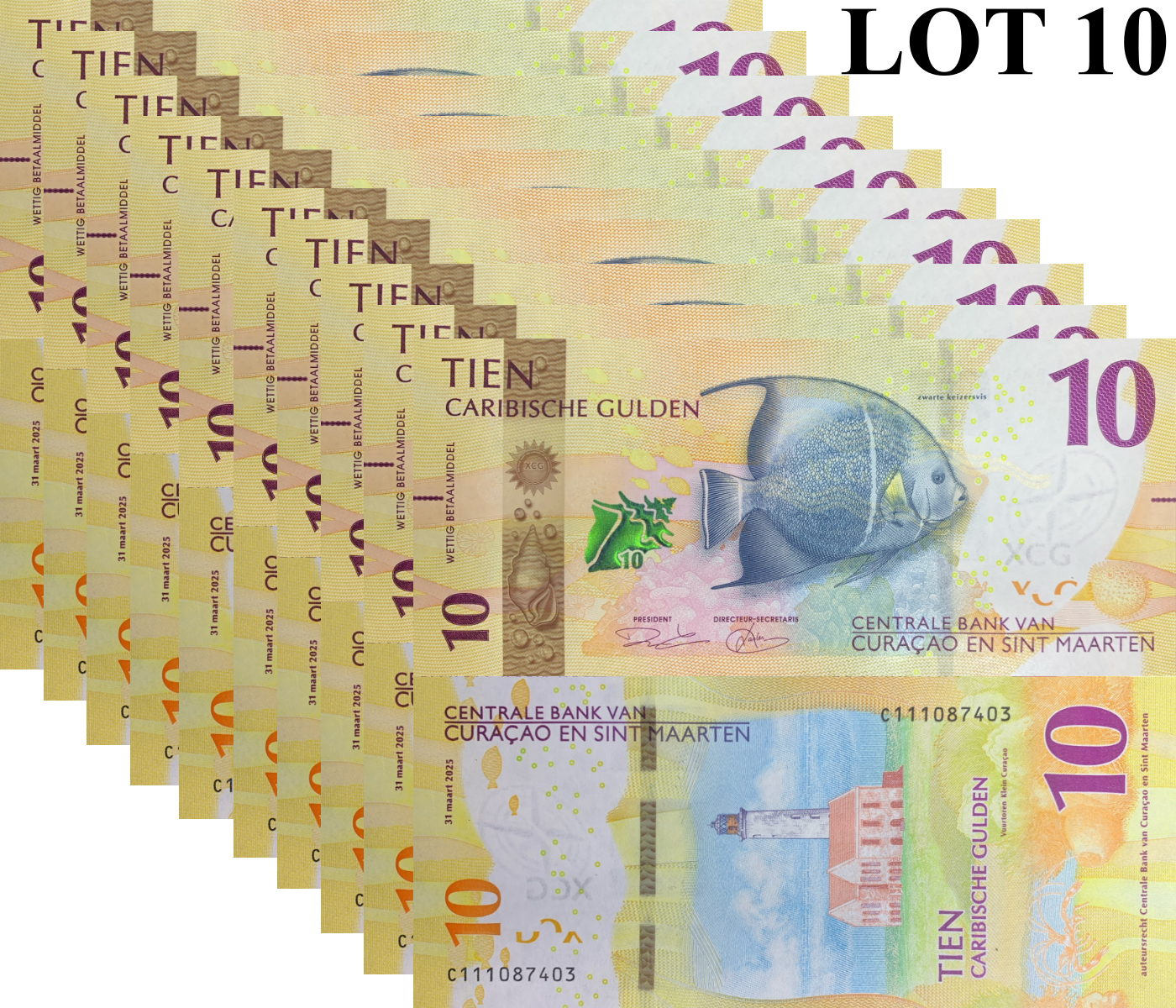 Curacao & Sint Maarten 10 Caribische Gulden 2025 P New UNC Lot 10 pcs