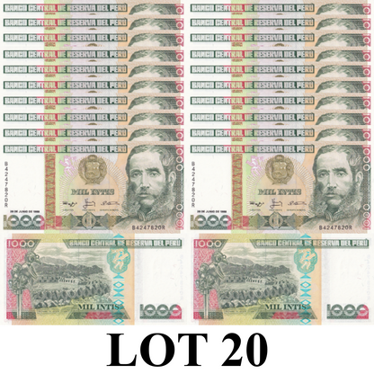 Peru 1000 lntis 1988 P 136b UNC 1/5 Bundle Lot 20 pcs