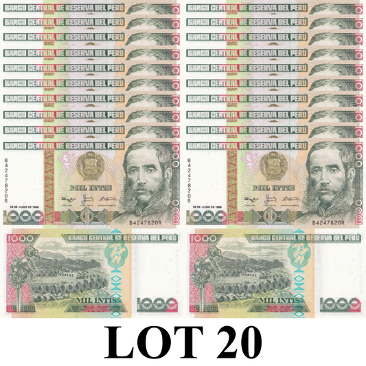 Peru 1000 lntis 1988 P 136b UNC 1/5 Bundle Lot 20 pcs