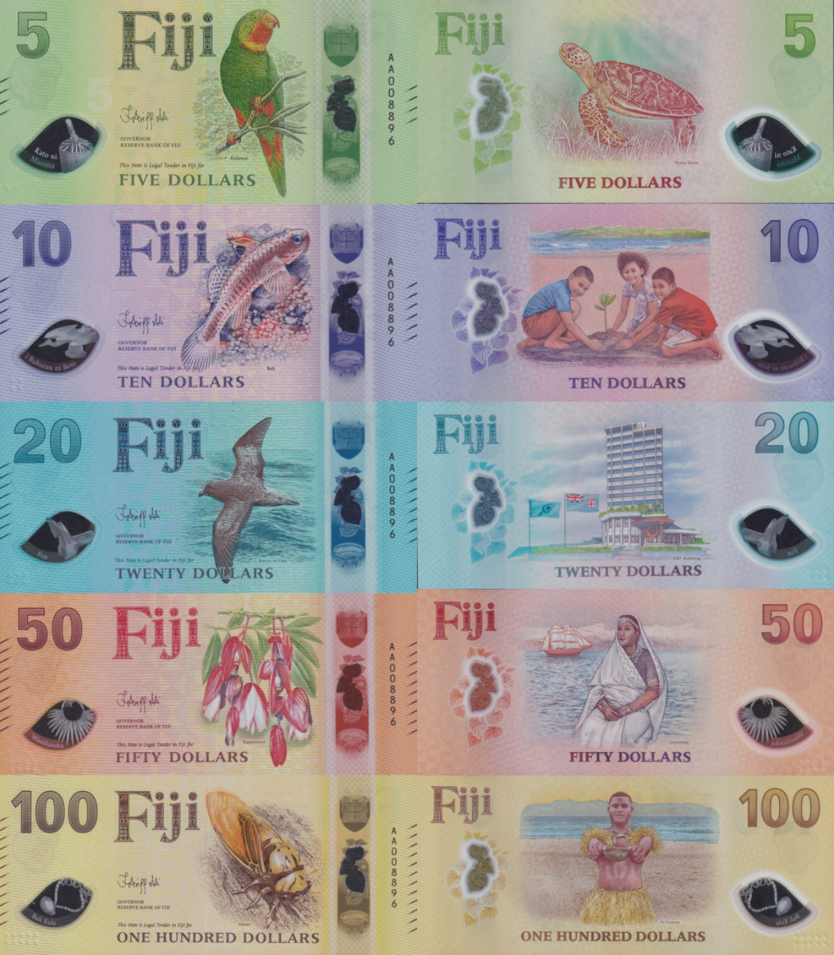 Fiji 5-100 $ 2026 P New Polymer Design UNC Set 5 pcs AA Prefix Match LOW S/N W/F