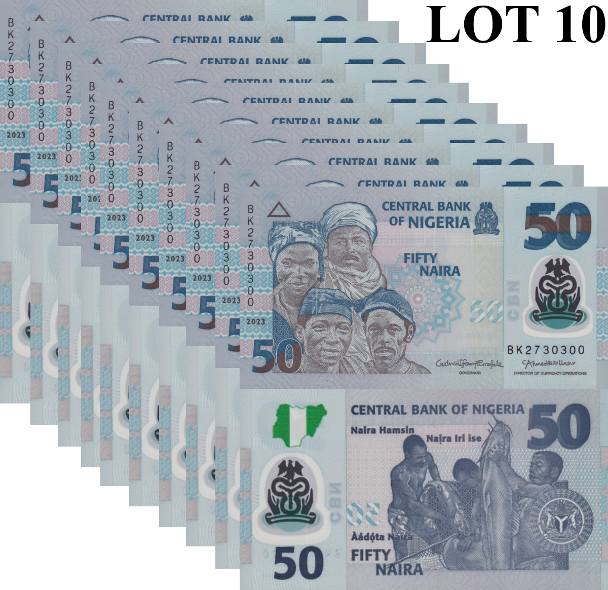 Nigeria 50 Naira 2023 P 40 Polymer UNC 1/10 Bundle Lot 10 pcs