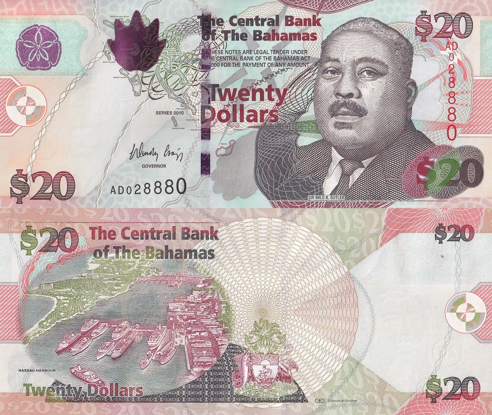 Bahamas 20 Dollar 2010 P 74A UNC