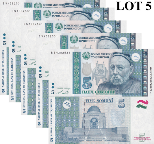Tajikistan 5 Somoni 1999 (2013) P 23 UNC 1/20 Bundle Lot 5 pcs