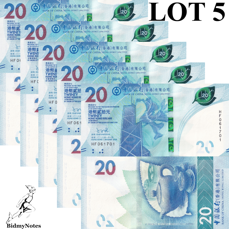 Hong Kong 20 Dollars 2023 2024 P 348 New UNC BOC 1/20 Bundle LOT 5 pcs