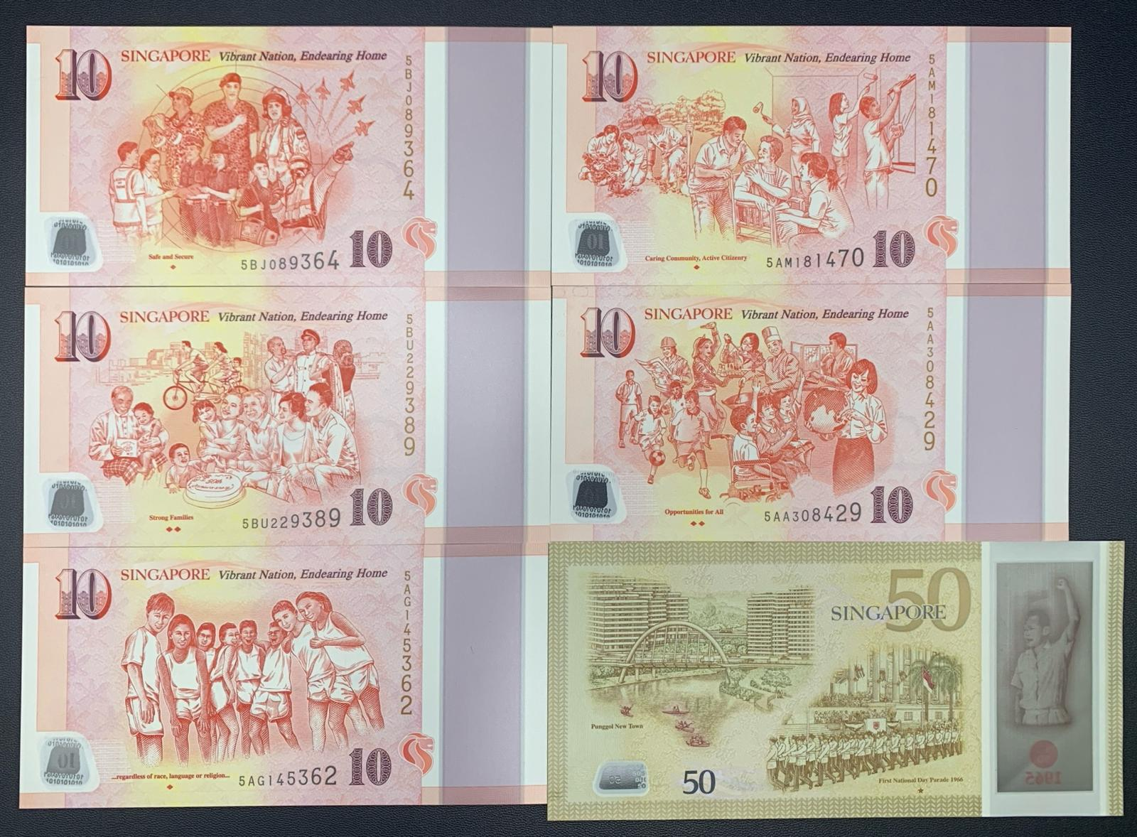 Singapore 10 50 Dollars 2015 P 56 57-61 Polymer UNC Random diamond COMM. Set 6 p